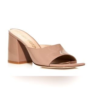 Stuart Weitzman Women's Tia 85 Flared Block Heel Sandals Patent Fawn 9B